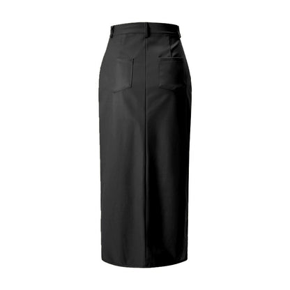 High Waist Leather Slit Straight Skirt