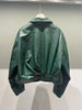 Women Green Leather Bomber Jacket Cropped Pleated