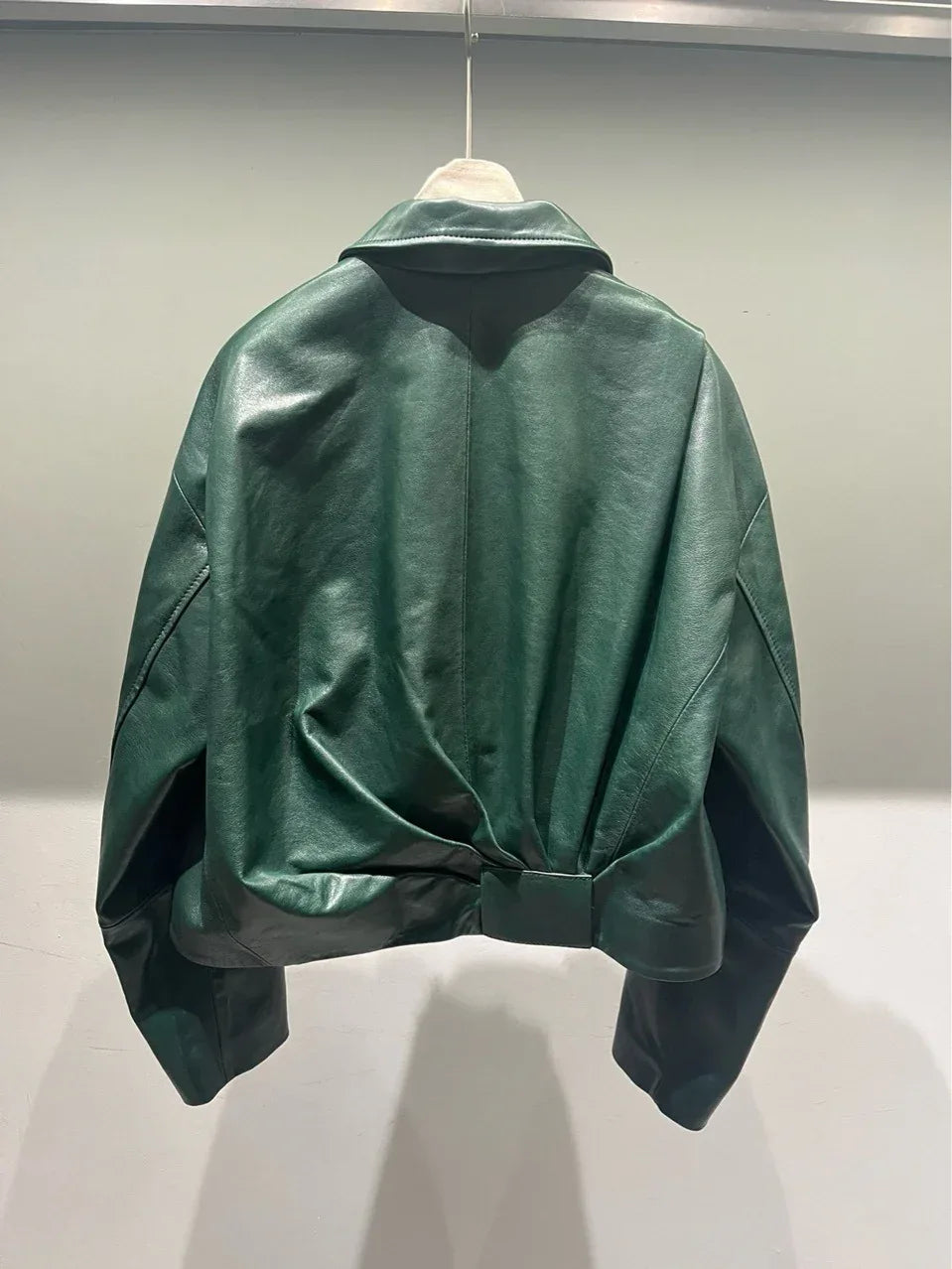 Women Green Leather Bomber Jacket Cropped Pleated