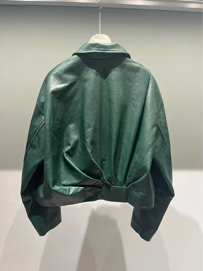 Women Green Leather Bomber Jacket Cropped Pleated