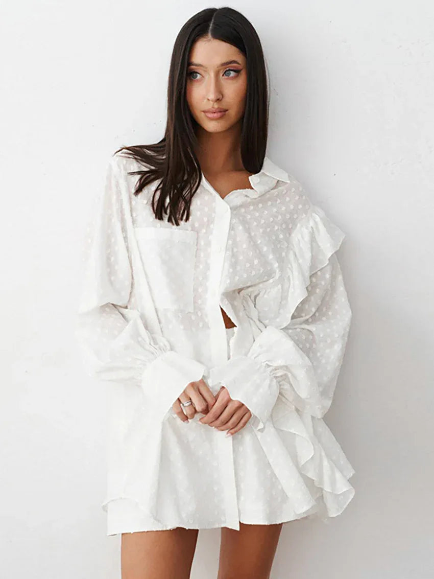 White swiss dot ruffle shirt set