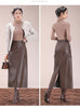 Flap Pocket Split Thigh Imitation Leather Skirt