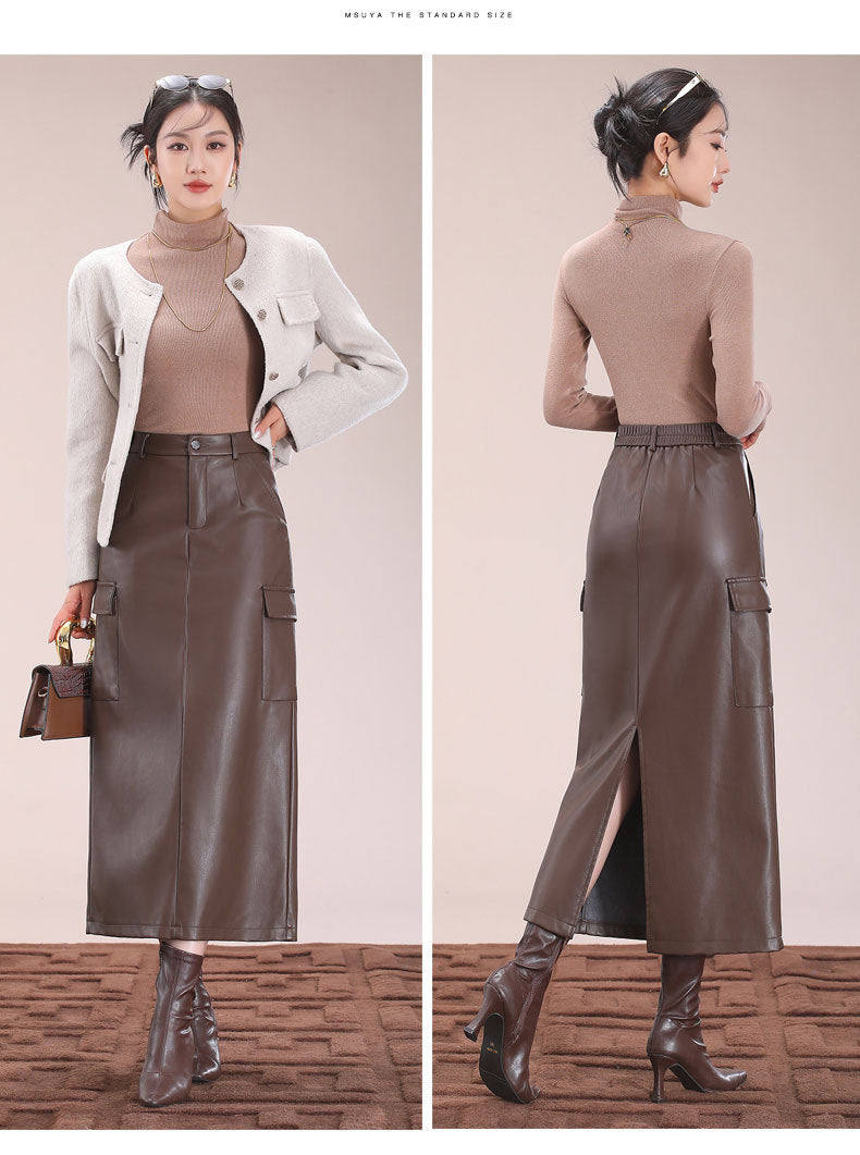 Flap Pocket Split Thigh Imitation Leather Skirt