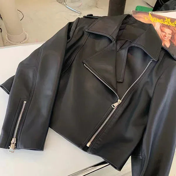 Women Genuine Sheepskin Leather Slim Moto Jacket