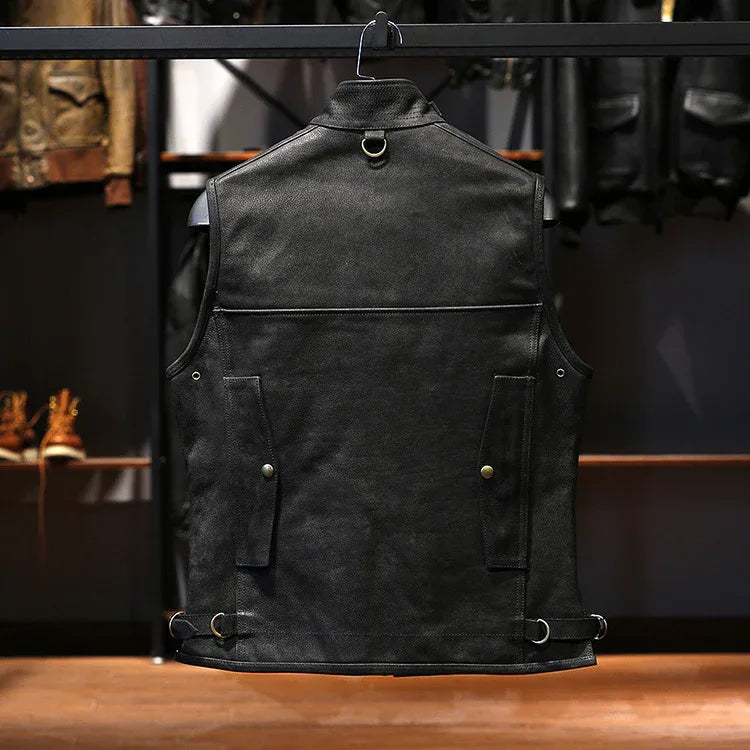 Men genuine cowhide biker leather vest