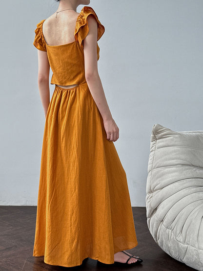 White flutter sleeve linen maxi dress with open back waist fit