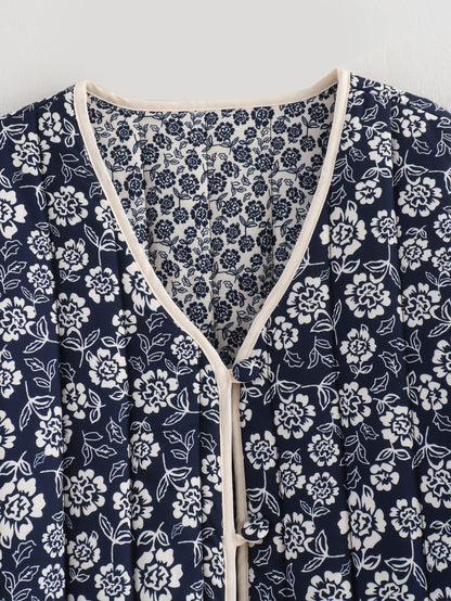 Women Floral Quilted Cotton Jacket Navy White