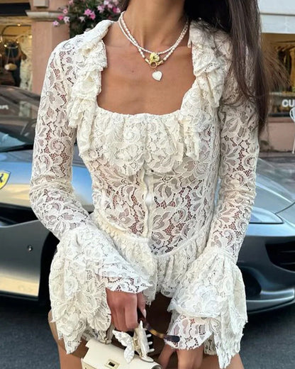 White Lace Corset Blouse Women Long Sleeve Peplum Top