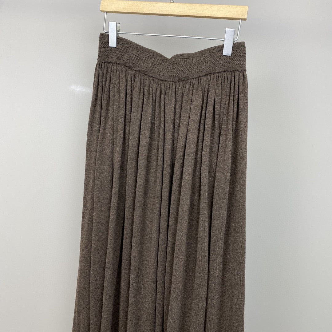 Women Wool Knit Midi Skirt Brown Elastic Waist Pleated Wool Skirt