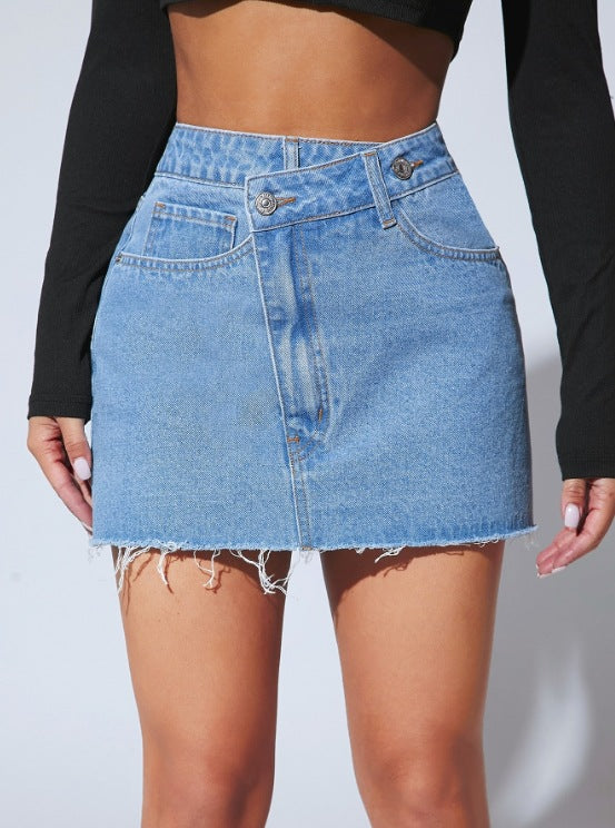 Denim Skirts Single Button Raw Hem