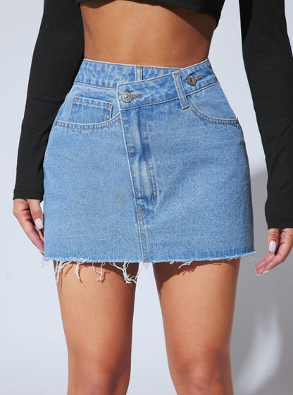 Denim Skirts Single Button Raw Hem