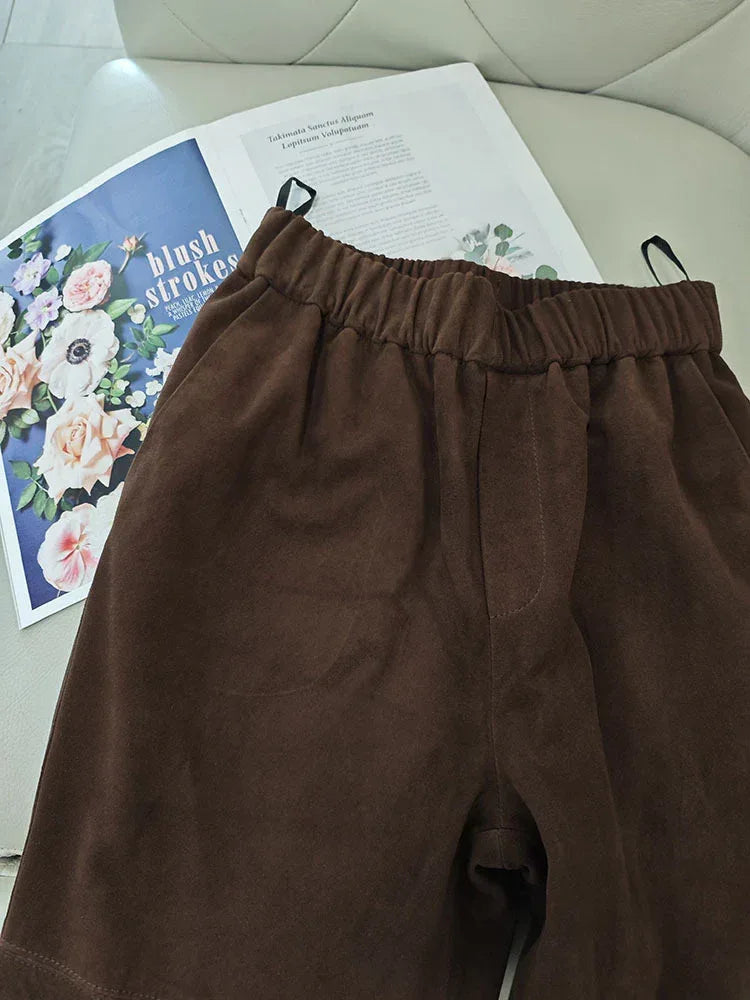 Women Suede Harem Pants High Rise Sheepskin Trousers