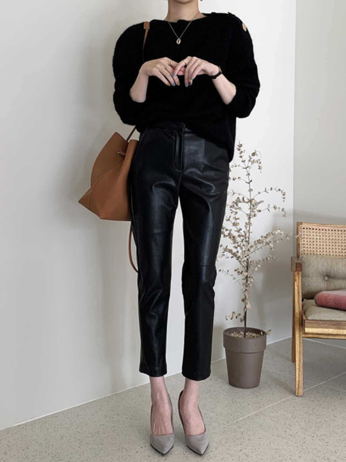 Black high waist cropped faux leather pants women