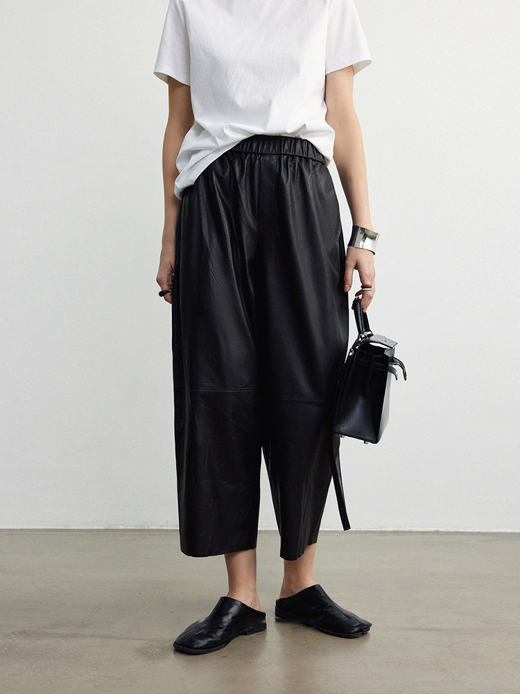 Women Leather Baggy Pants Retro Elastic Waist Loose Fit