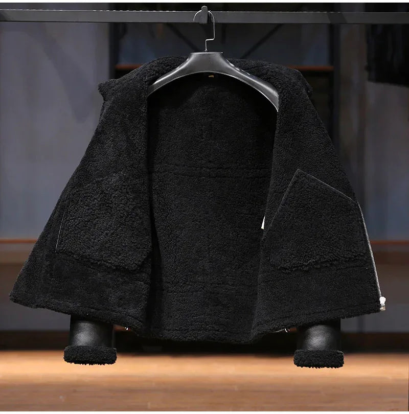 Men Real Sheepskin Shearling Fur Flight Bomber Jacket
