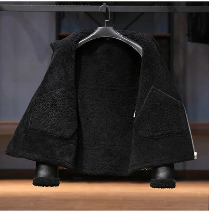 Men Real Sheepskin Shearling Fur Flight Bomber Jacket