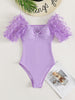 Lilac Floral Puff Sleeve One Piece Swimsuit for Women
