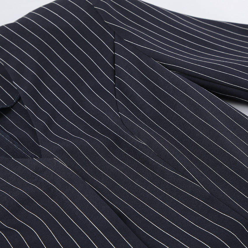 Women Navy Blue Pinstripe Blazer Skirt Set Two-Piece Outfit