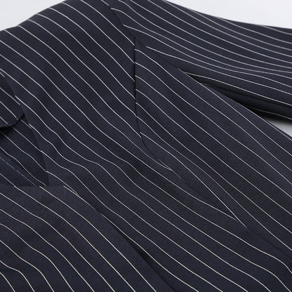 Women Navy Blue Pinstripe Blazer Skirt Set Two-Piece Outfit