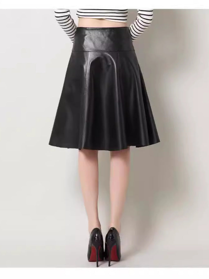 High Waist Leather Midi Skirt Black Swing A-Line Skirt