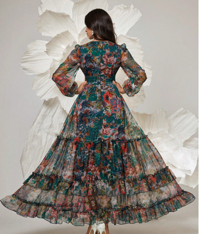 Women Floral Print Long Dress V-Neck Ruffle Tiered Maxi Dress