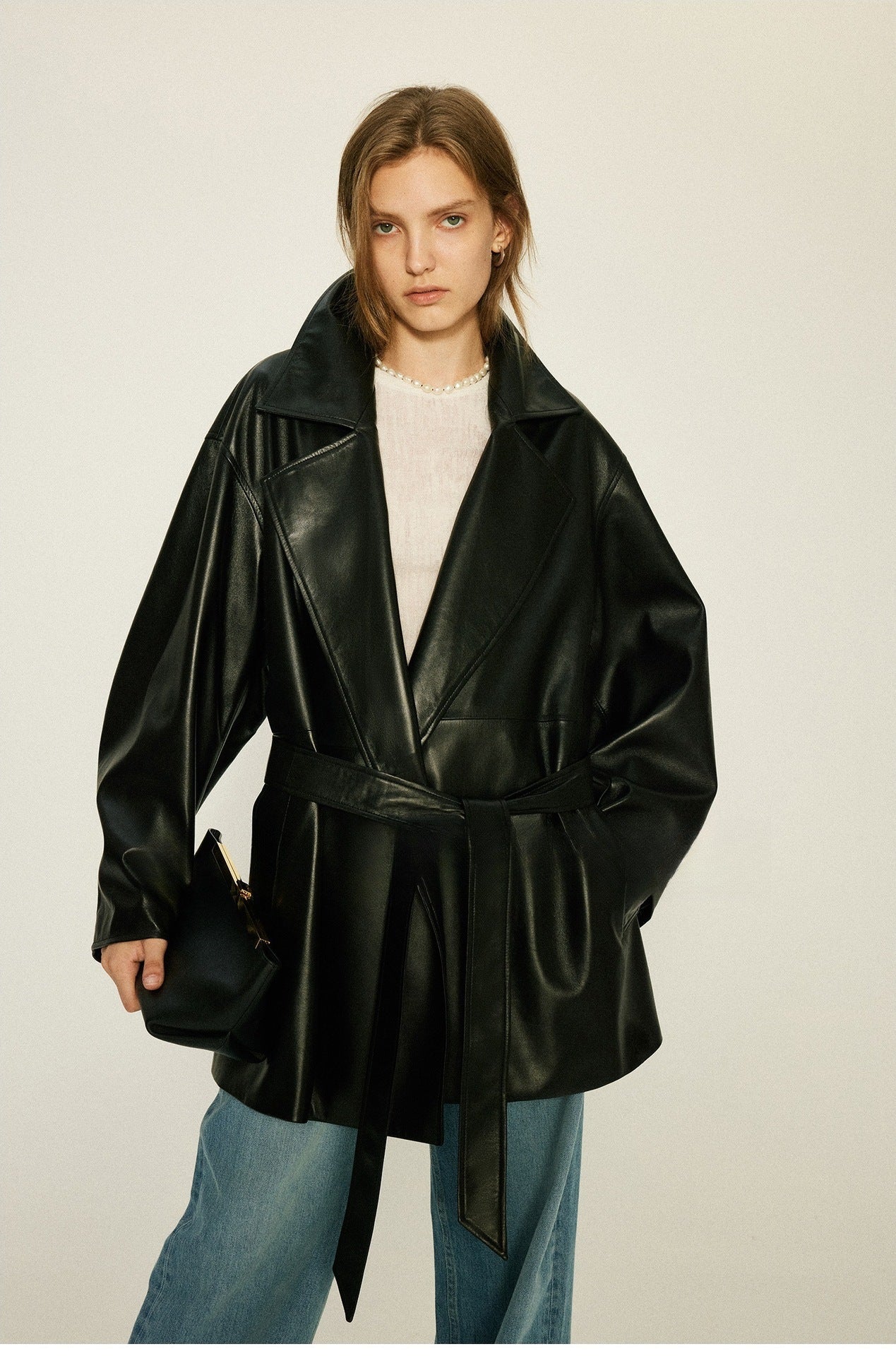 Women’s Oversized Leather Bomber Jacket Moto Trench Coat