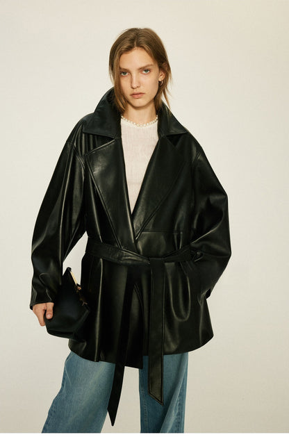 Women’s Oversized Leather Bomber Jacket Moto Trench Coat