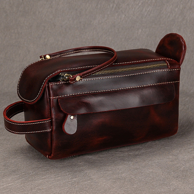 Men’s Genuine Leather Toiletry Bag with Handle and Front Pocket