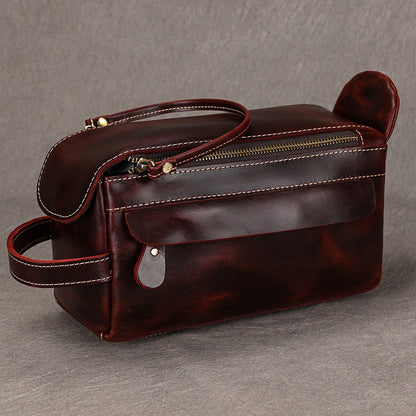 Men’s Genuine Leather Toiletry Bag with Handle and Front Pocket