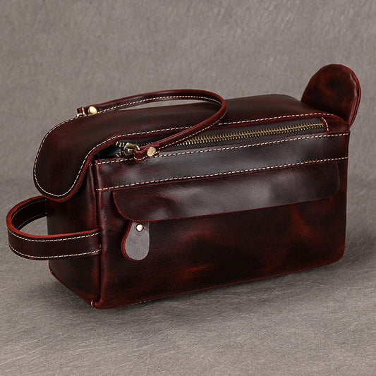 Men’s Genuine Leather Toiletry Bag with Handle and Front Pocket