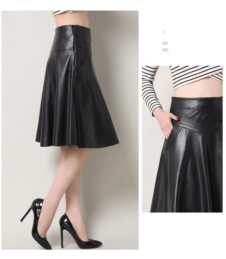 High Waist Leather Midi Skirt Black Swing A-Line Skirt