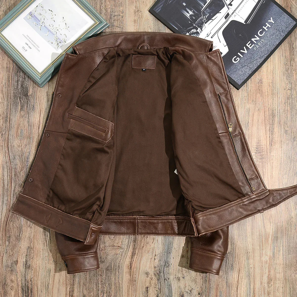 Men Brown Military Cowhide Leather Jacket
