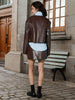 Brown Faux Leather Jacket for Women with Gold Buttons