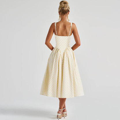 Gingham French Style Plaid Midi Princess Dress