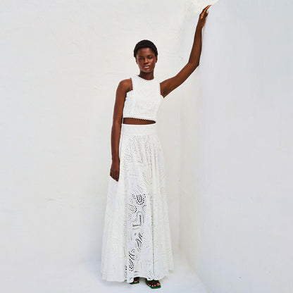 Women’s Lace Embroidered Hollow Two-Piece Midi Skirt Set