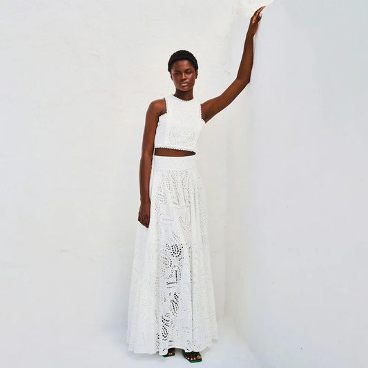 Women’s Lace Embroidered Hollow Two-Piece Midi Skirt Set white S
