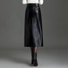 Black PU Leather Midi Pencil Skirt with Slit