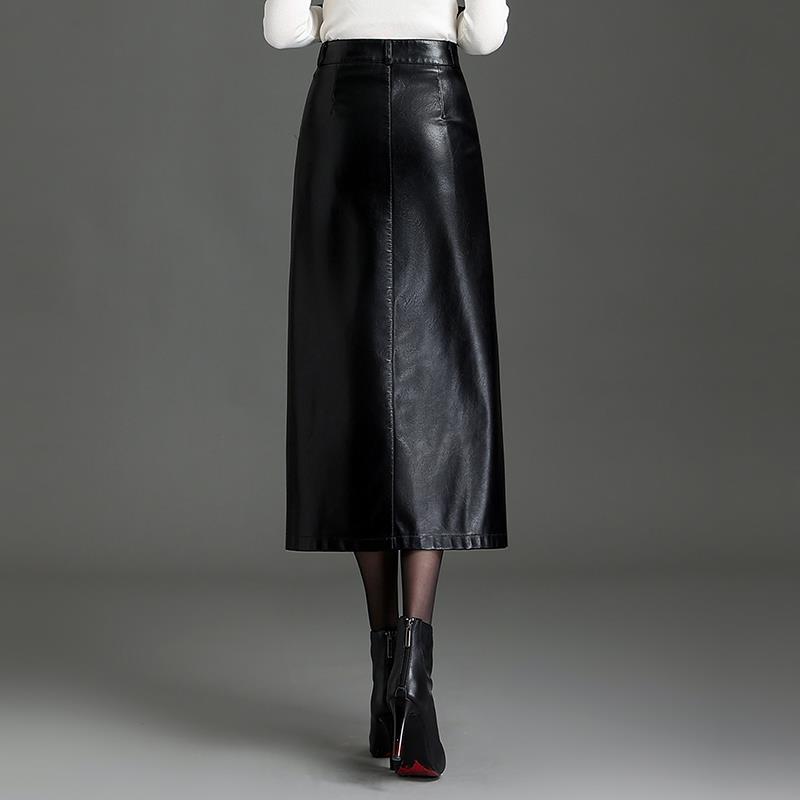 Black PU Leather Midi Pencil Skirt with Slit
