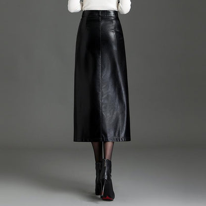 Black PU Leather Midi Pencil Skirt with Slit