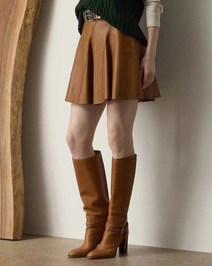Women’s Leather Mini Skirt High Waist Pleated Umbrella Style