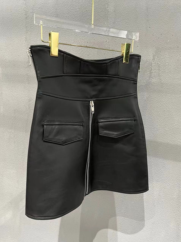 Leather Mini Skirt Black High Waisted Zip Front