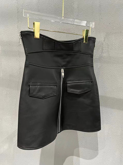 Leather Mini Skirt Black High Waisted Zip Front