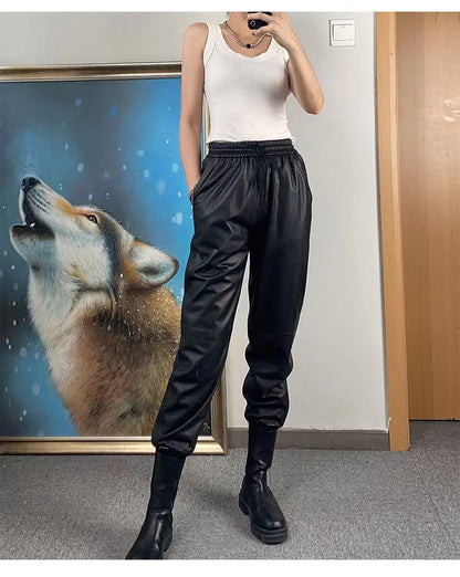 Women’s High Waisted Leather Pants Soft Lined Elastic Cuff Trousers