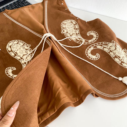 Women Embroidered Chenille Vest V-Neck Lace-Up with Tassel