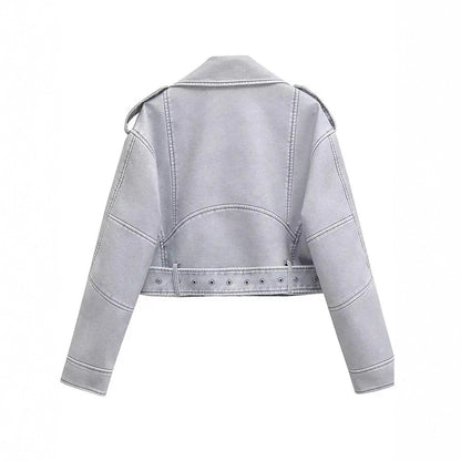 Women’s Short Faux Leather Motorcycle Jacket with Waist Belt