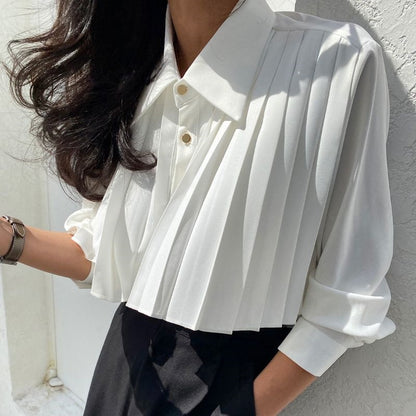 Pleated Design Solid Button Front Shirt