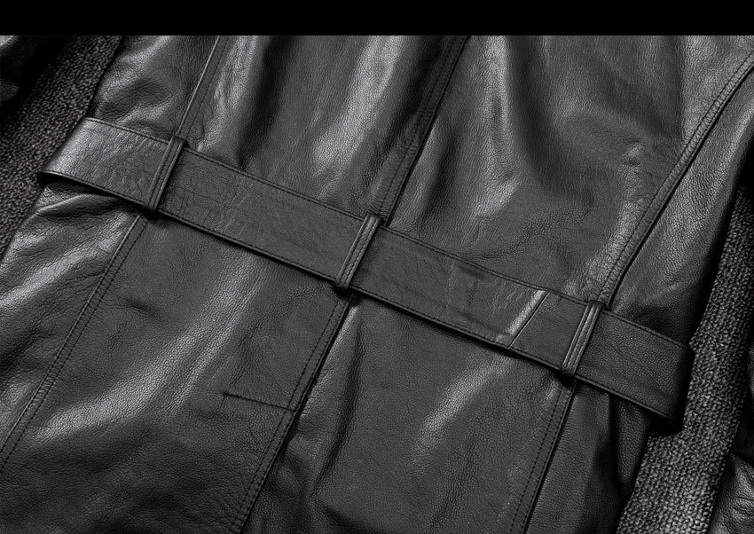 Men mid length leather trench coat jacket