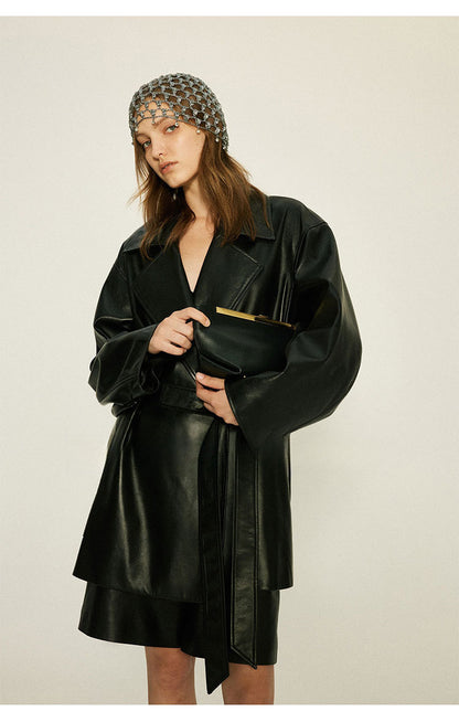 Women’s Oversized Leather Bomber Jacket Moto Trench Coat