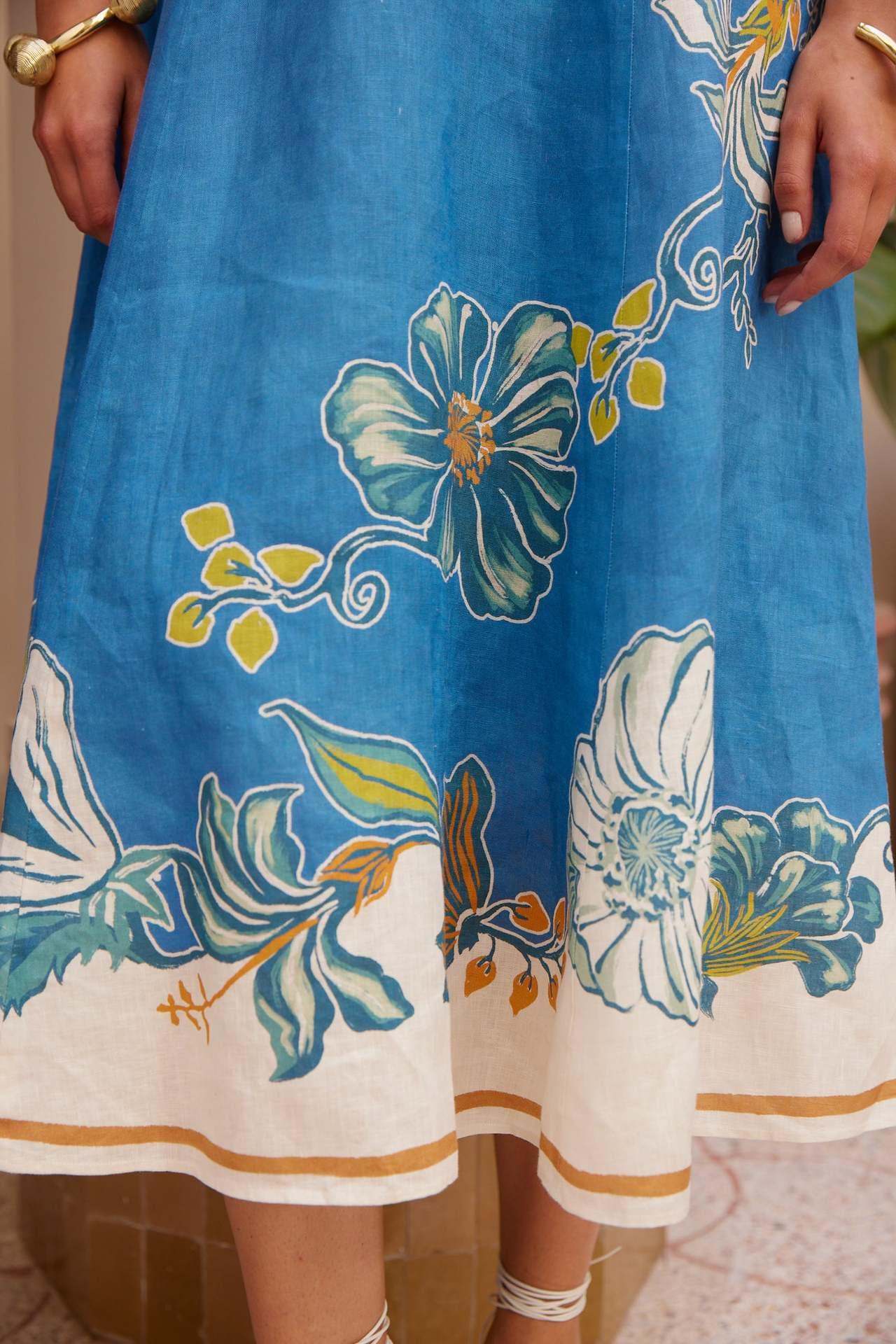 Floral linen maxi dress with lantern sleeves