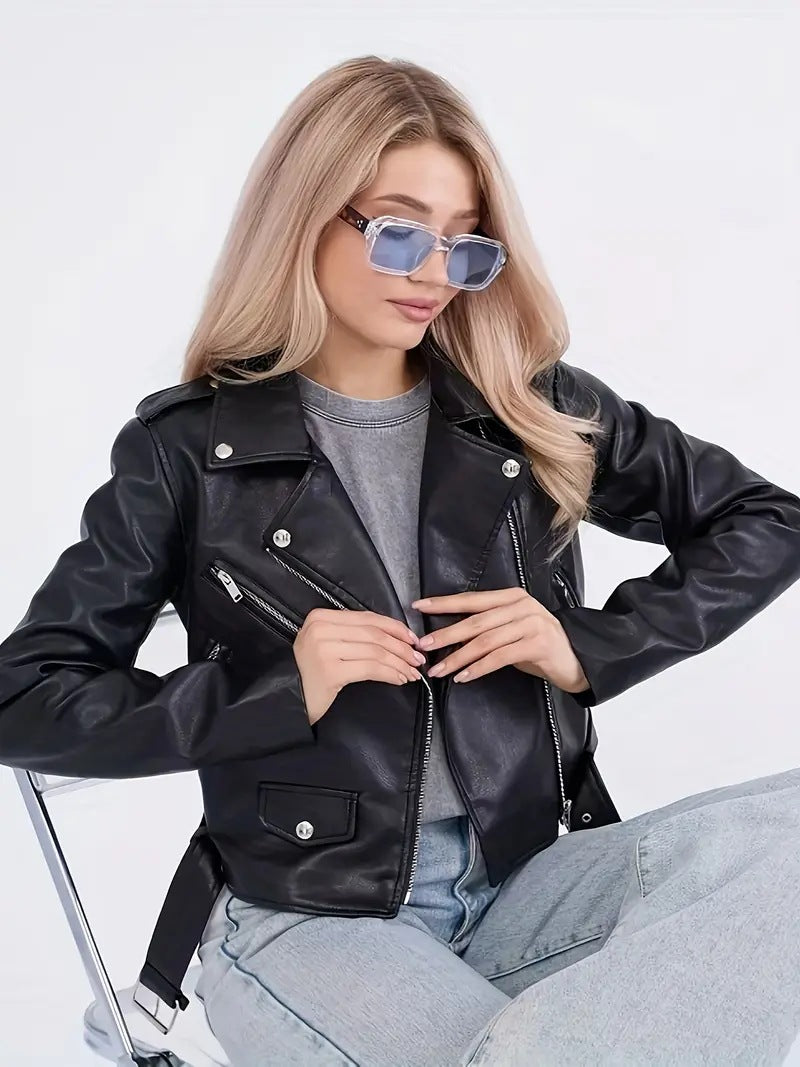 Women’s Cropped Motorcycle PU Leather Jacket